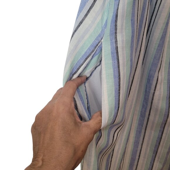 VINCE CAMUTO LINEN STRIPED RUFFLE STRAP DRESS SLEEVELESS MIDI AQUA ICE  Pockets - Picture 6 of 12